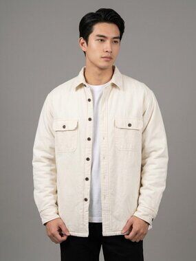 Arrow Mens Beige Cotton Shirt Jacket LT Fleece Lining Button Front 100% Cotton